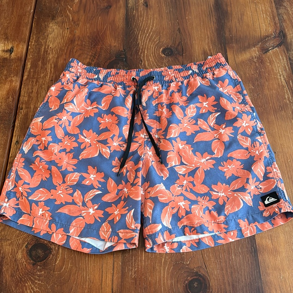 Quiksilver Blue and Orange Floral Swim Board Shorts
